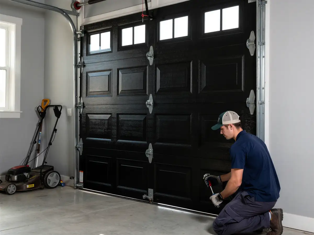 A technician kneels to work on the bottom panel of a black garage door.