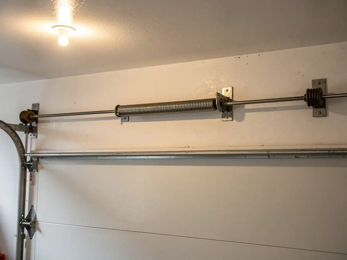 The torsion spring is mounted above a white garage door.