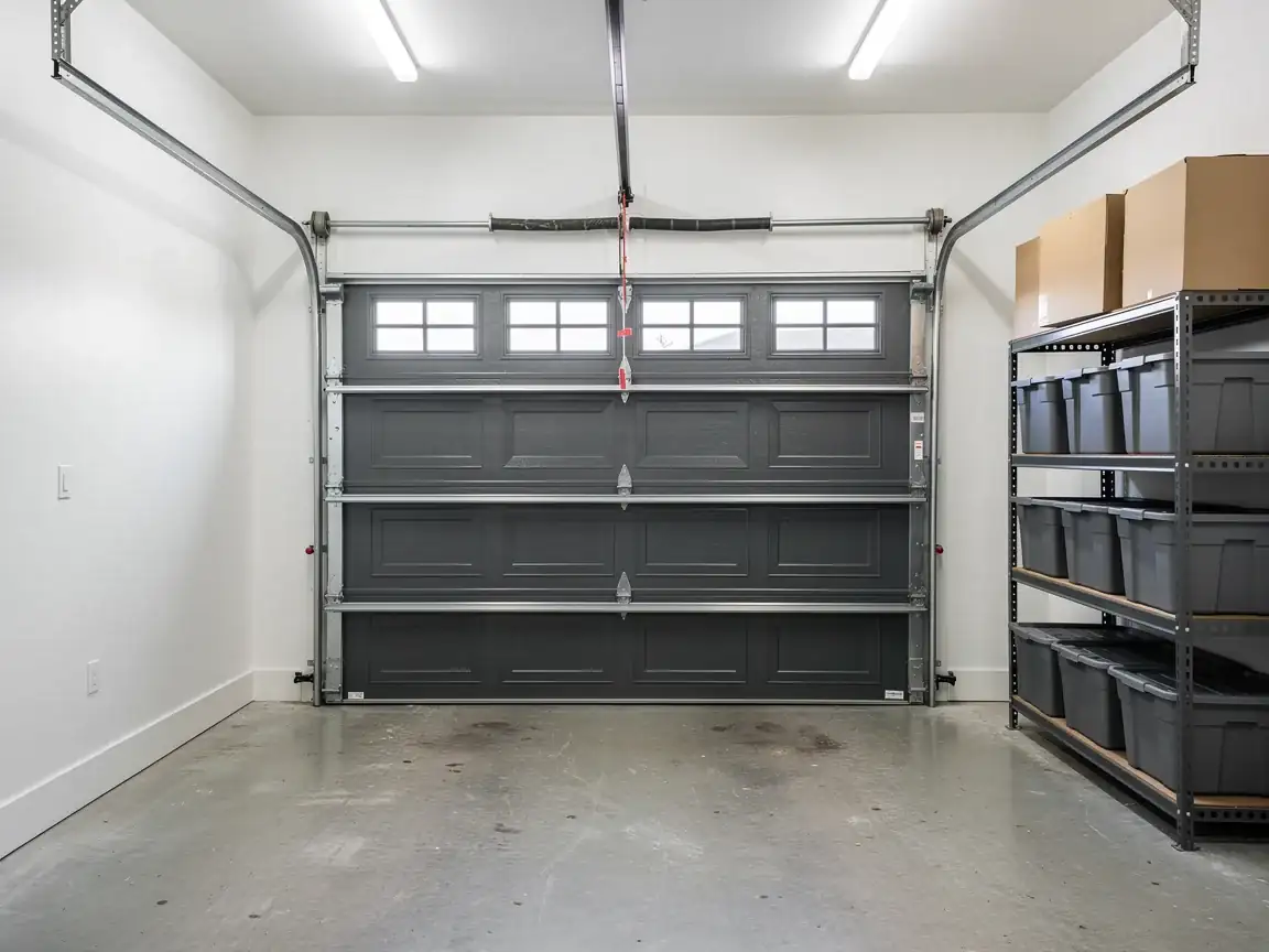 A dark gray garage door with windows is closed in a clean garage.