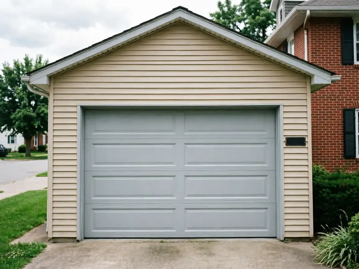 A light gray garage door is centered on a tan-sided garage.