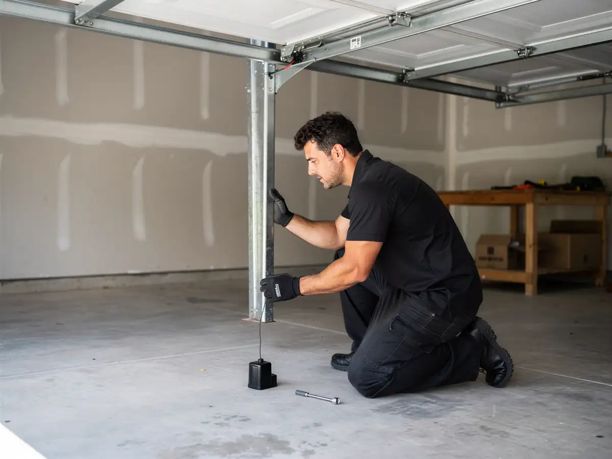 A technician kneels, holding a garage door track with a plumb bob on the floor.