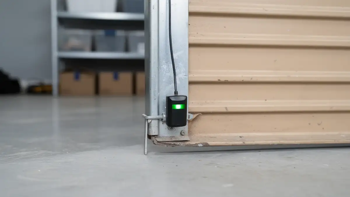 A black sensor with a green light is attached to the bottom of a beige garage door.