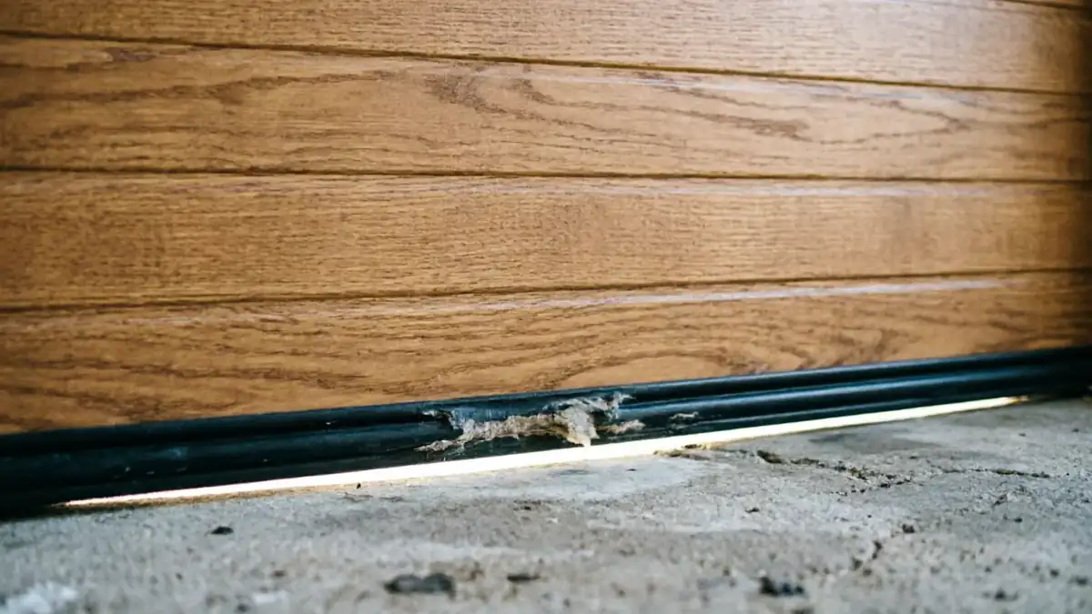 The garage door bottom seal is damaged, showing a gap and light underneath.