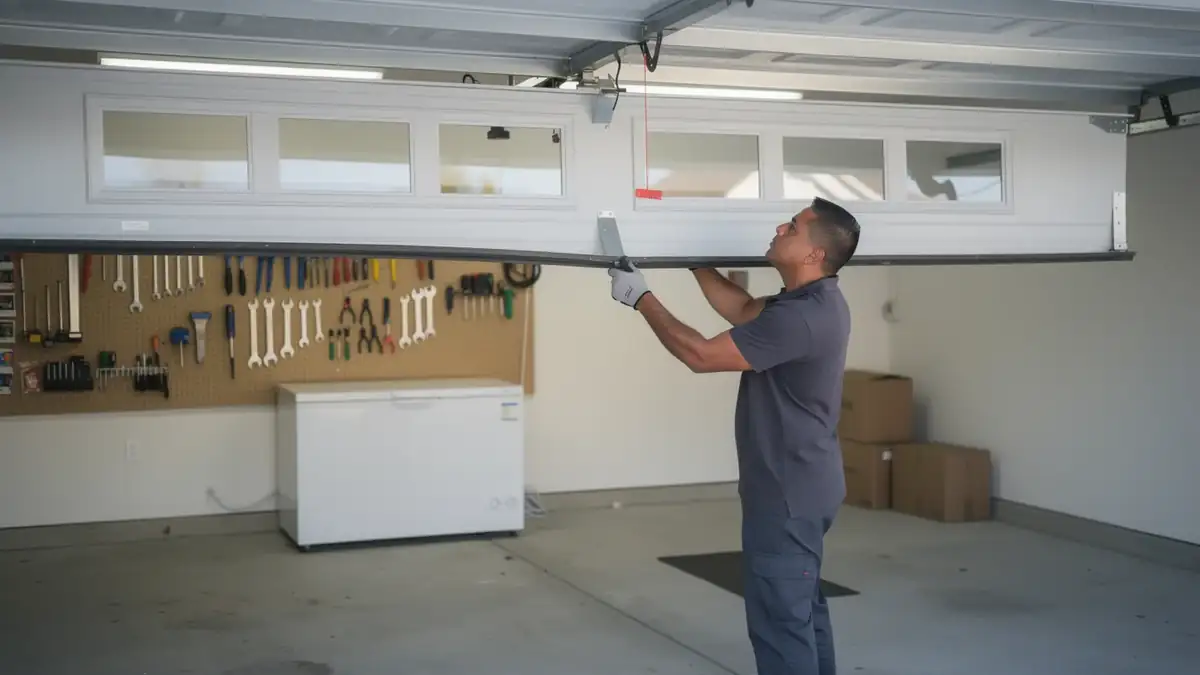 A technician in a gray shirt and gloves is installing a garage door panel.