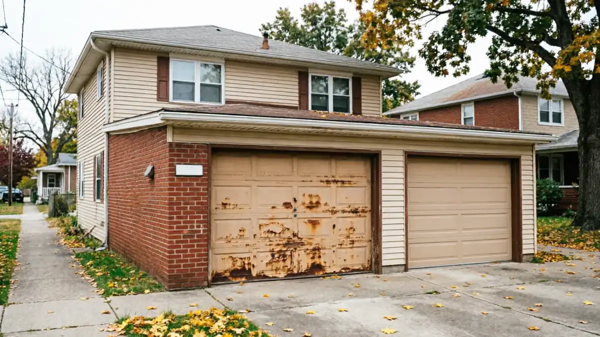 A house with a severely rusted garage door next to a new garage door.