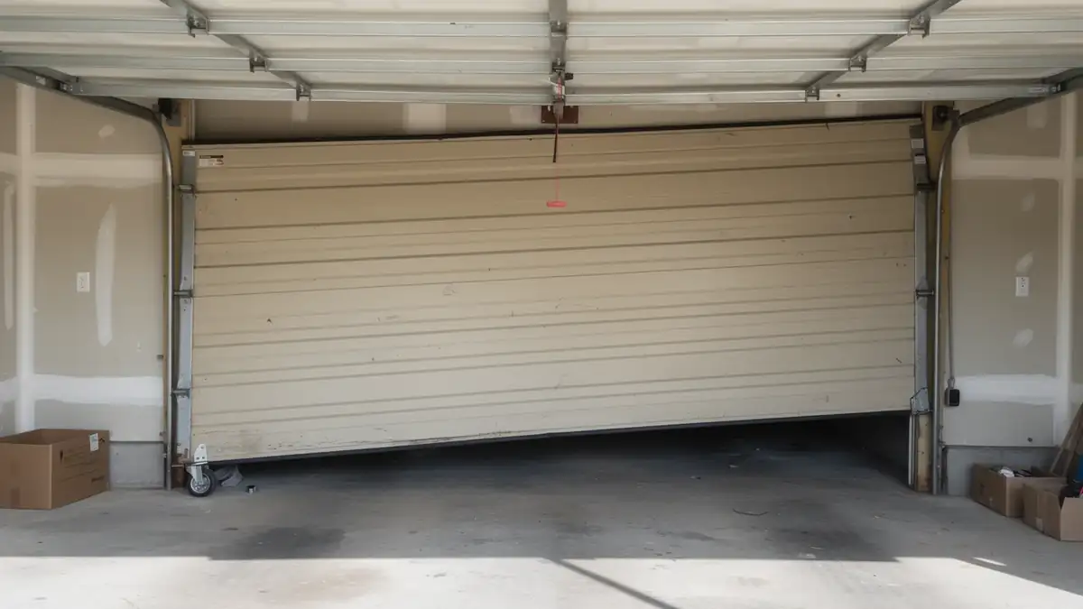 The beige garage door is off its tracks and crooked.