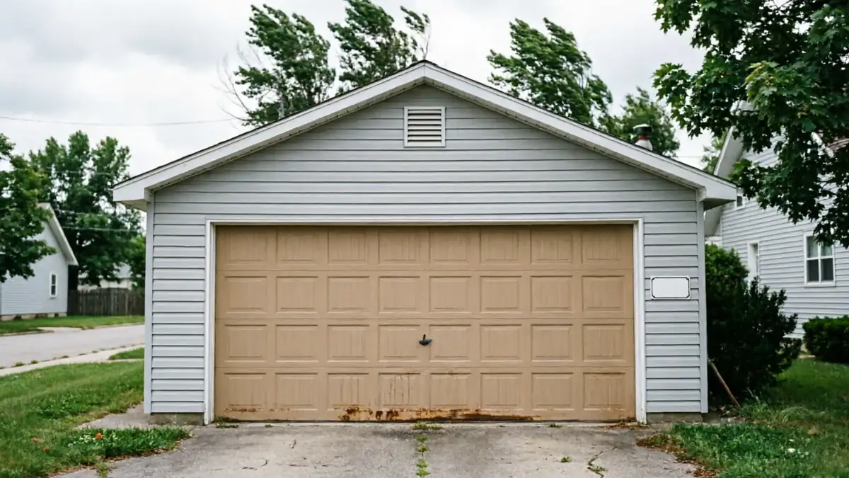 A detached garage with light blue siding has a tan garage door with rust at the bottom.